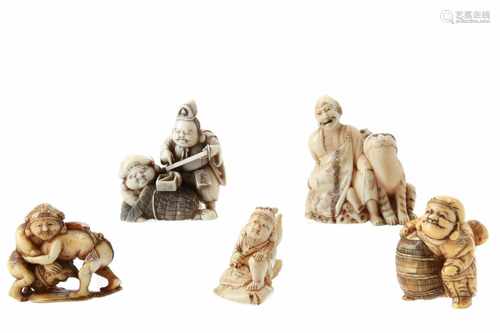 Lot of five netsuke, 1) Ivory Sennin with tiger. H. 4,5 cm. 2) Ivory Ebisu with calculator and