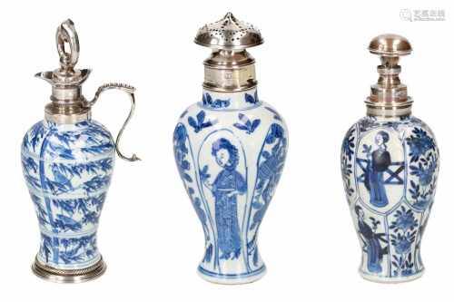 Lot of three blue and white porcelain items, 1) jug, decorated with birds sitting on branches,