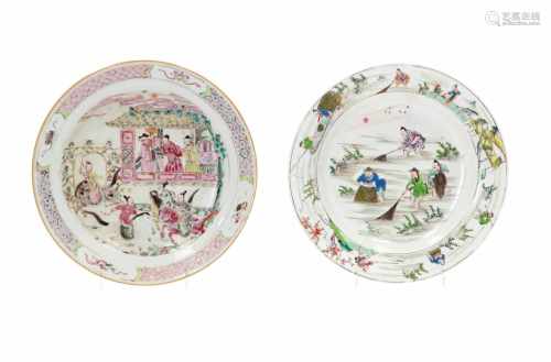 Lot of two famille rose porcelain dishes, 1) figures and horses. 2) fishermen. Both unmarked. China,