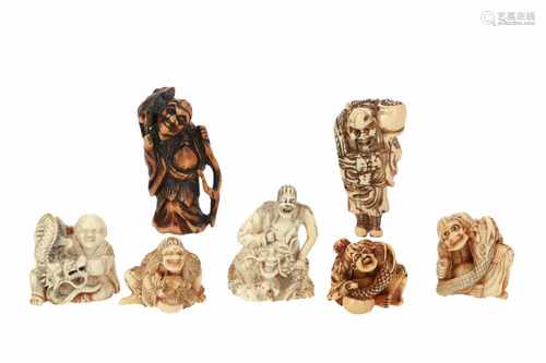 Lot of seven netsuke, 1) Ivory Gama Sennin with dragon. H. 3 cm. 2) Ivory Gama Sennin with dragon.