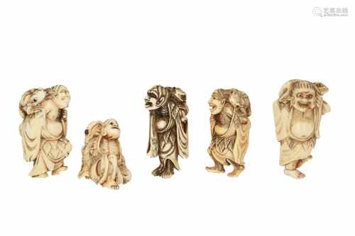 Lot of five netsuke, 1) Ivory standing Gama Sennin with toad. H. 5 cm. 2) Ivory standing Gama Sennin