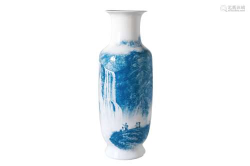 A blue and white porcelain vase, decorated with a mountainous landscape with figures and waterfalls.