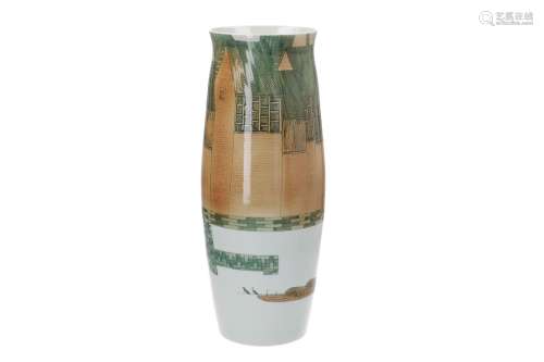 A polychrome porcelain vase, decorated with buildings. Marked Jingdezhen. China, late 20th