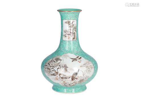 A polychrome porcelain vase, decorated with reserves depicting ducks. Marked with seal mark