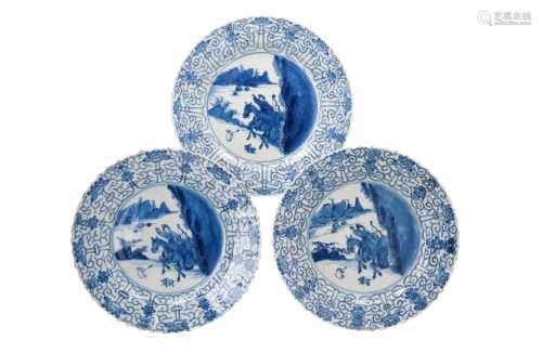 Three blue and white porcelain dishes, decorated with 'Joosje te paard'. Marked with 6-character