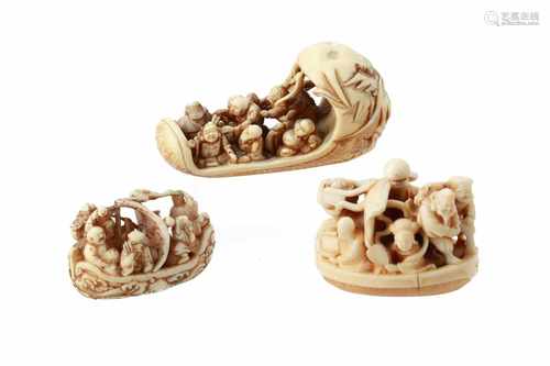 Lot of three netsuke, 1) Ivory Takarabune with the seven lucky gods. Signed Ryukoku. L. 4 cm. 2)