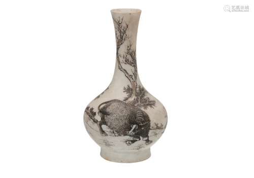 A black and white bisquit miniature vase, decorated with man and ox. With seal stamp. China, 20th