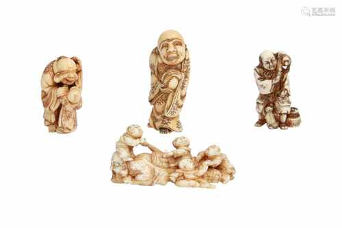 Lot of four netsuke, 1) Ivory figure with monkeys, drum and shishi costume. Signed Masatoshi. H. 4