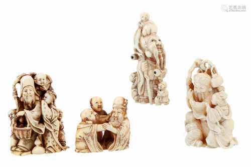 Lot of four netsuke, 1) Ivory Fukurokuju with karako, lady and attributes. Signed. H. 5 cm. 2) Ivory