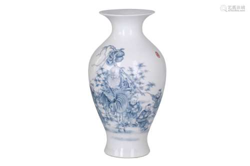 A blue and white vase, decorated with Shou Hsing on a mule surrounded by children with peaches and