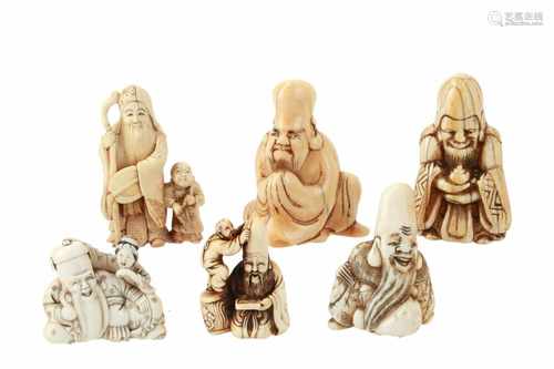 Lot of six netsuke, 1) Ivory standing Jurojin with fan, staff and karako. Signed Toshiaki. H. 5,5