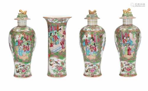 A four-piece famille verte porcelain cabinet set, decorated with scenes depicting figures,