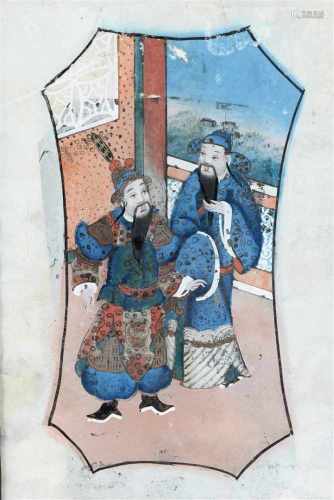 Reverse painting on glass, depicting two noble men in a garden pavilion. China, 19th century. Dim.