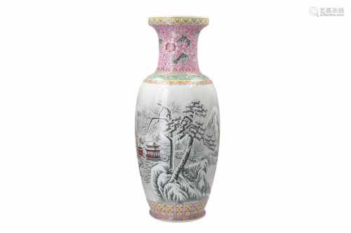 A polychrome porcelain vase, decorated with a mountainous winter landscape and characters. Marked
