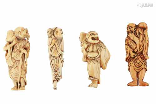 Lot of four netsuke, 1) Ivory Gama Sennin with toad. H. 7,5 cm. 2) Ivory Gama Sennin with fly