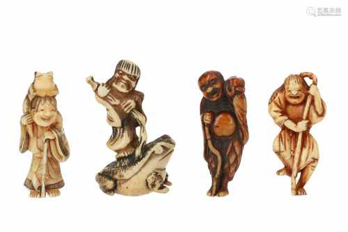 Lot of four netsuke, 1) Staghorn Gama Sennin on toad. H. 6 cm. 2) Ivory Gama Sennin with toad.