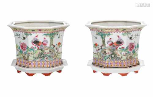 A pair of polychrome porcelain cachepots with plate, decorated with birds, flowers and peacocks.