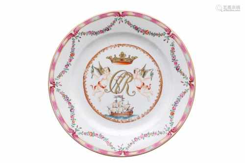 A polychrome Lowestoft Chine de commande porcelain dish, decorated with a Dutch ship, angels, a