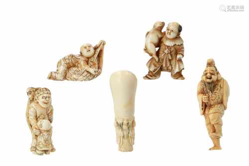 Lot of five netsuke, 1) Ivory standing Jurojin. Signed Sadayoshi. H. 6 cm. 2) Ivory standing Ebisu