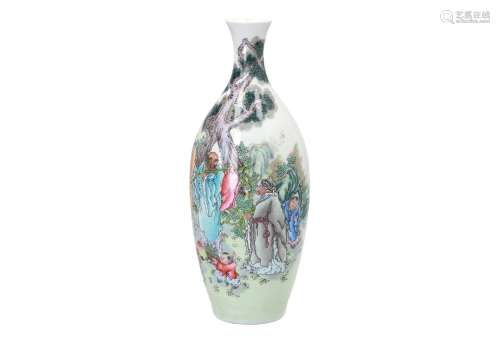 A polychrome porcelain vase, decorated with figures, little boys and a poem. Marked with seal