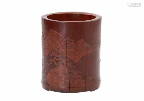 A bamboo brush pot, decorated with landscapes and buildings. Unmarked. China, 19th century. H. 14,