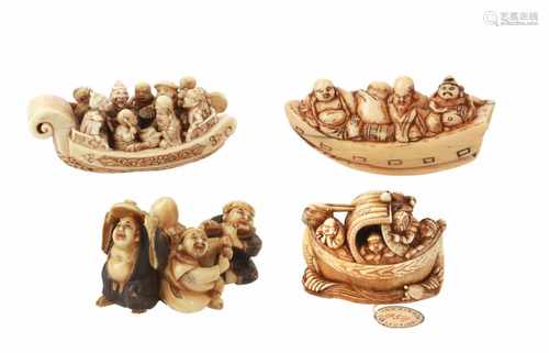 Lot of four netsuke, 1) Ivory takarabune with the seven lucky gods. Signed Ikkosai. L. 5,5 cm. 2)