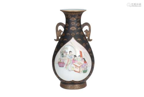 A polychrome porcelain vase with two handles, decorated with reserves depicting ladies in a