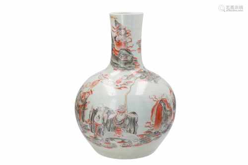 A polychrome porcelain vase, decorated with figures and a dragon. Marked with seal mark Qianlong,