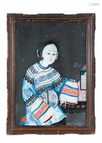 Reverse painting on glass, depicting an elegant Shanghai lady holding a fan. China, 19th century.