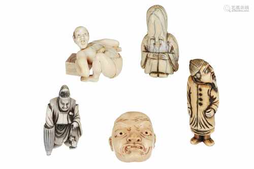 Lot of five ivory netsuke, 1) rat catcher with rat on his back. Signed. H. 3,5 cm. 2) mask. H. 4 cm.