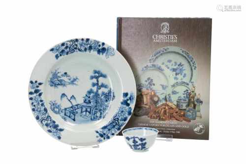 A blue and white porcelain dish, decorated with pagoda on the river. Unmarked. China, Qianlong,