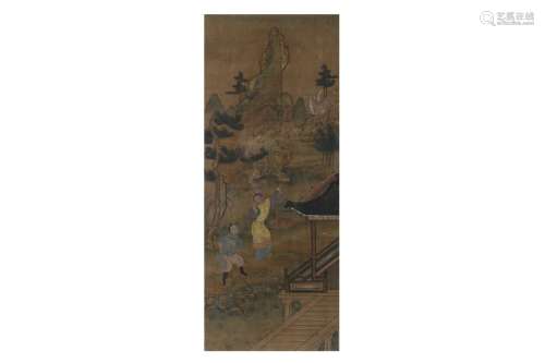 A scroll in frame, depicting hunters and deer in landscape. China, 19th century. Dim. 47,5 x 19 cm.