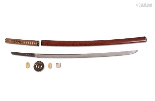Hirazukuri katana, nagasa 69,5 cm. Mu-mei. Blade mounted in restored soten kodogu with red lacquer.