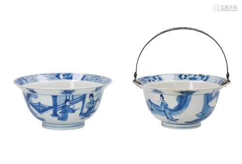 Two blue and white porcelain 'klapmuts' bowls, decorated with figures and little boys in a garden.