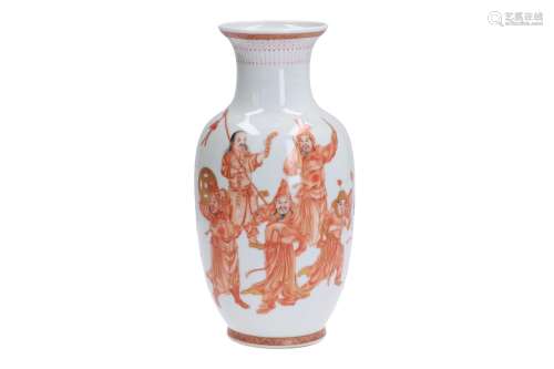 A polychrome porcelain vase, decorated with figures incl. warriors and characters. Marked with