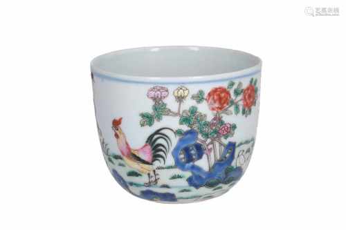A polychrome porcelain cup, decorated with a figure, rooster, chicken, flowers and a poem. Marked
