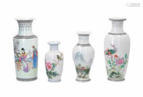 Lot of four polychrome porcelain vases, decorated with 1) figures in a garden and characters. 2)