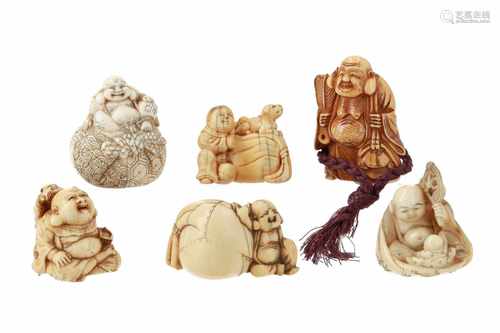 Lot of six netsuke, 1) Ivory Hotei with bag. L. 5 cm. 2) Ivory karako with Hotei's bag and dog. L. 3