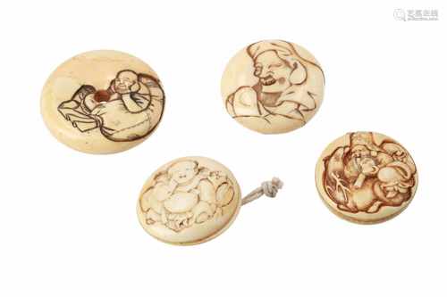 Lot of four manju, 1) Ivory Jurojin with deer. Signed Koyusai. Diam. 4 cm. 2) Ivory karako with fan.