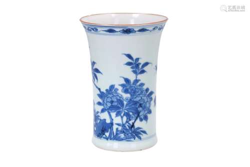 A blue and white porcelain beaker with flaring rim, decorated with flowers, a rooster and insects.