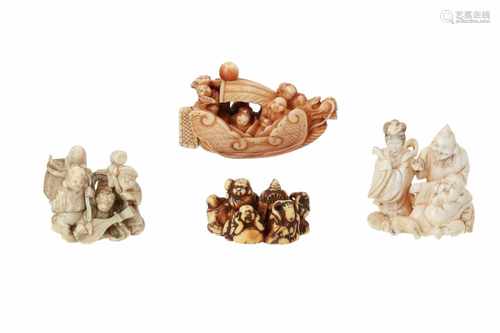 Lot of four netsuke, 1) Ivory five lucky gods. Signed Yoshiyuki. H. 3 cm. 2) Ivory seven lucky gods.