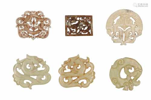 Lot of six jade plaques in Neolitic style. China, ca. 1900. L. 6 - 7,5 cm.