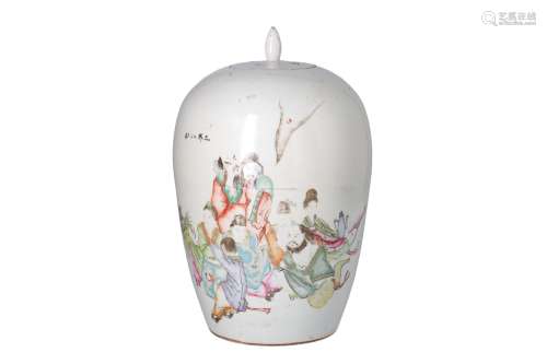 A polychrome porcelain lidded jar, decorated with figures and characters. Unmarked. China, 19th