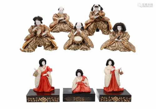 A diverse lot of Japanese dolls, including five musicians and three court ladies. Japan, 20th