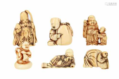 Lot of six netsuke, 1) Ivory Hotei with karako. Attributed to Tomoshika. H. 4 cm. 2) Ivory karako