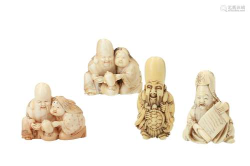 Lot of four netsuke, 1) Ivory Fukurokuju and Okame. Signed. L. 4 cm. 2) Ivory Fukurokuju with