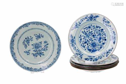 Lot of six blue and white porcelain dishes, incl. one pair, decorated with flowers. Unmarked. China,