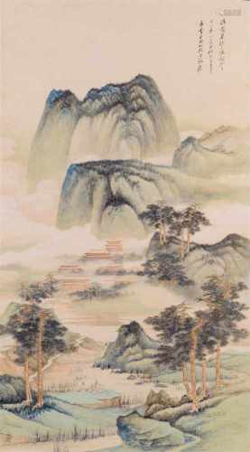 Scroll depicting a mountainous landscape with two resting figures. China, 20th century. Dim. 90 x 50