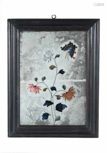 Reverse painting on mirror glass, depicting peonies and a butterfly. China, 19th century. Dim. 33
