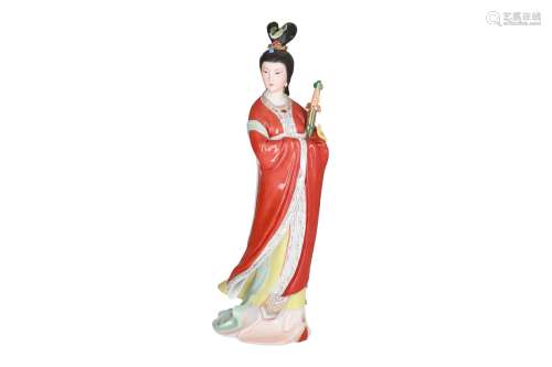 A polychrome porcelain sculpture, depicting a lady with sword. Unmarked. China, 20th century. H.